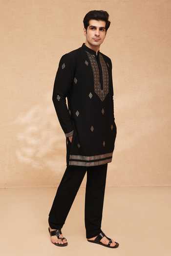 Manish Nagdeo Black Viscose Foil Work Kurta And Pant Set at Aza Fashions Manish Nagdeo_Black Viscose Foil Work Kurta And Pant Set _at_Aza_Fashions