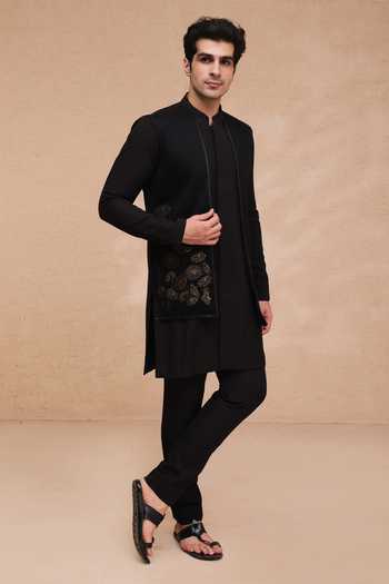Shop Manish Nagdeo Black Lycra Asymmetric Panelled Kurta And Pant Set Online at Aza Fashions Shop_Manish Nagdeo_Black Lycra Asymmetric Panelled Kurta And Pant Set _Online_at_Aza_Fashions