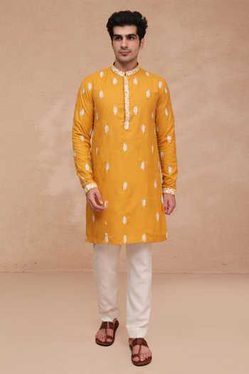 Buy Manish Nagdeo Yellow Silk Embroidered Ruby Kurta And Pant Set Online at Aza Fashions Buy_Manish Nagdeo_Yellow Silk Embroidered Ruby Kurta And Pant Set _Online_at_Aza_Fashions