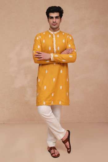 Manish Nagdeo Embroidered Ruby Silk Kurta & Pant Set 