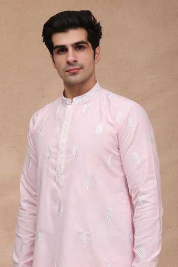 Manish Nagdeo Pink Silk Embroidered Ruby Kurta And Pant Set Online at Aza Fashions Manish Nagdeo_Pink Silk Embroidered Ruby Kurta And Pant Set _Online_at_Aza_Fashions