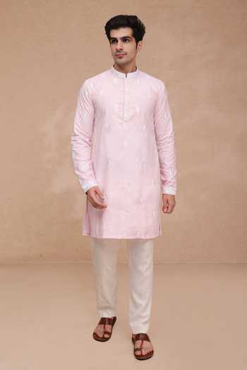 Manish Nagdeo Embroidered Ruby Silk Kurta & Pant Set