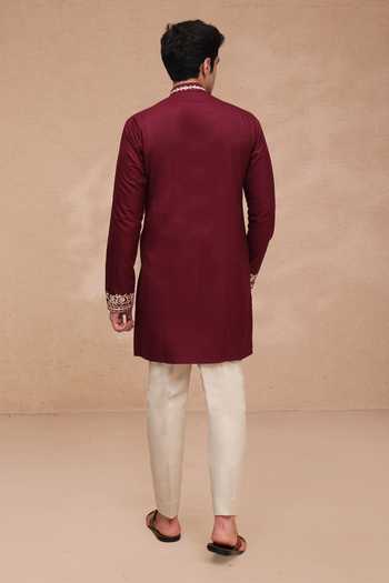Manish Nagdeo Embroidered Ruby Silk Kurta & Pant Set 
