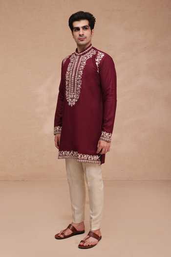 Manish Nagdeo Maroon Silk Embroidered Ruby Kurta And Pant Set Online at Aza Fashions Manish Nagdeo_Maroon Silk Embroidered Ruby Kurta And Pant Set _Online_at_Aza_Fashions