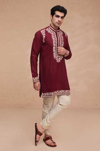 Buy Manish Nagdeo Maroon Silk Embroidered Ruby Kurta And Pant Set Online at Aza Fashions Buy_Manish Nagdeo_Maroon Silk Embroidered Ruby Kurta And Pant Set _Online_at_Aza_Fashions