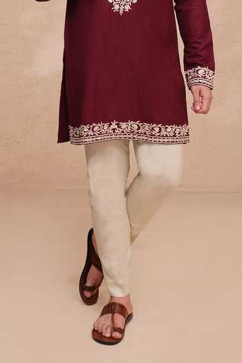 Shop Manish Nagdeo Maroon Silk Embroidered Ruby Kurta And Pant Set Online at Aza Fashions Shop_Manish Nagdeo_Maroon Silk Embroidered Ruby Kurta And Pant Set _Online_at_Aza_Fashions