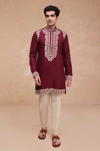 Manish Nagdeo Maroon Silk Embroidered Ruby Kurta And Pant Set at Aza Fashions Manish Nagdeo_Maroon Silk Embroidered Ruby Kurta And Pant Set _at_Aza_Fashions