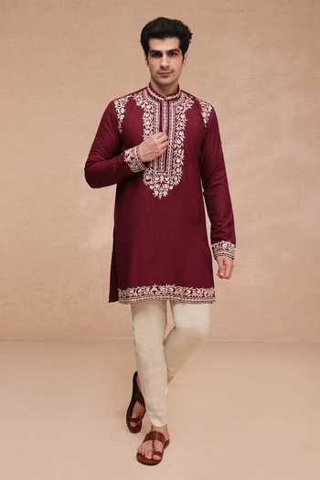 Manish Nagdeo Embroidered Ruby Silk Kurta & Pant Set 