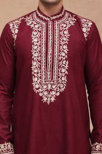 Buy Manish Nagdeo Maroon Silk Embroidered Ruby Kurta And Pant Set Buy_Manish Nagdeo_Maroon Silk Embroidered Ruby Kurta And Pant Set