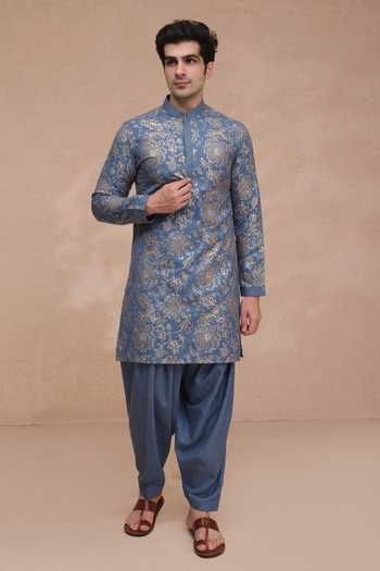 Manish Nagdeo Printed Ruby Silk Kurta & Salwar Set