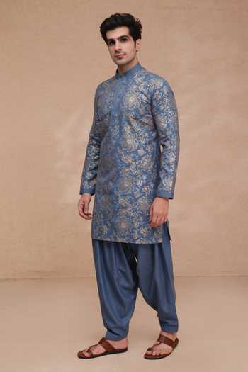 Buy_Manish Nagdeo_Blue Silk Printed Ruby Kurta And Salwar Set _Online_at_Aza_Fashions
