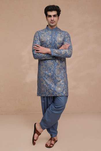 Shop_Manish Nagdeo_Blue Silk Printed Ruby Kurta And Salwar Set _Online_at_Aza_Fashions
