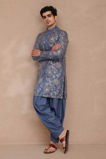 Manish Nagdeo_Blue Silk Printed Ruby Kurta And Salwar Set _at_Aza_Fashions