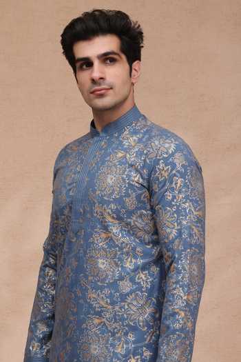 Buy_Manish Nagdeo_Blue Silk Printed Ruby Kurta And Salwar Set 