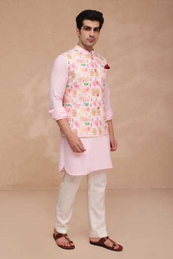 Buy Manish Nagdeo Pink Silk Printed Art Nehru Jacket Set Buy_Manish Nagdeo_Pink Silk Printed Art Nehru Jacket Set