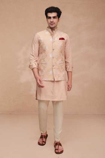Manish Nagdeo_Rose Gold Chanderi Silk, Silk, Cotton Nehru Jacket And Kurta Set _Online_at_Aza_Fashions