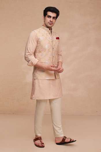 Buy_Manish Nagdeo_Rose Gold Chanderi Silk, Silk, Cotton Nehru Jacket And Kurta Set _Online_at_Aza_Fashions