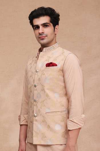 Shop_Manish Nagdeo_Rose Gold Chanderi Silk, Silk, Cotton Nehru Jacket And Kurta Set _Online_at_Aza_Fashions