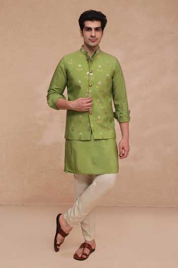 Manish Nagdeo Zari Buti Chanderi Silk Nehru Jacket Kurta & Pant Set