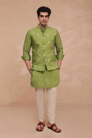 Buy Manish Nagdeo Green Chanderi Silk, Silk, Cotton Zari Buti Nehru Jacket Kurta And Pant Set Online at Aza Fashions Buy_Manish Nagdeo_Green Chanderi Silk, Silk, Cotton Zari Buti Nehru Jacket Kurta And Pant Set _Online_at_Aza_Fashions