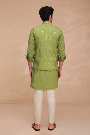 Manish Nagdeo Zari Buti Chanderi Silk Nehru Jacket Kurta & Pant Set