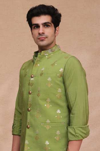 Shop Manish Nagdeo Green Chanderi Silk, Silk, Cotton Zari Buti Nehru Jacket Kurta And Pant Set Online at Aza Fashions Shop_Manish Nagdeo_Green Chanderi Silk, Silk, Cotton Zari Buti Nehru Jacket Kurta And Pant Set _Online_at_Aza_Fashions