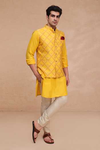Shop Manish Nagdeo Yellow Silk, Jacquard Nehru Jacket Set Online at Aza Fashions Shop_Manish Nagdeo_Yellow Silk, Jacquard Nehru Jacket Set _Online_at_Aza_Fashions