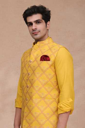 Manish Nagdeo_Yellow Silk, Jacquard Nehru Jacket Set _at_Aza_Fashions