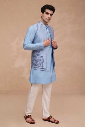 Manish Nagdeo Blue Silk, Cotton Embroidered Nehru Jacket And Kurta Set Online at Aza Fashions Manish Nagdeo_Blue Silk, Cotton Embroidered Nehru Jacket And Kurta Set _Online_at_Aza_Fashions