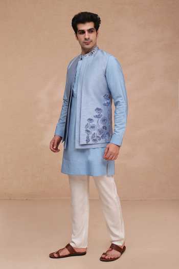 Buy Manish Nagdeo Blue Silk, Cotton Embroidered Nehru Jacket And Kurta Set Online at Aza Fashions Buy_Manish Nagdeo_Blue Silk, Cotton Embroidered Nehru Jacket And Kurta Set _Online_at_Aza_Fashions