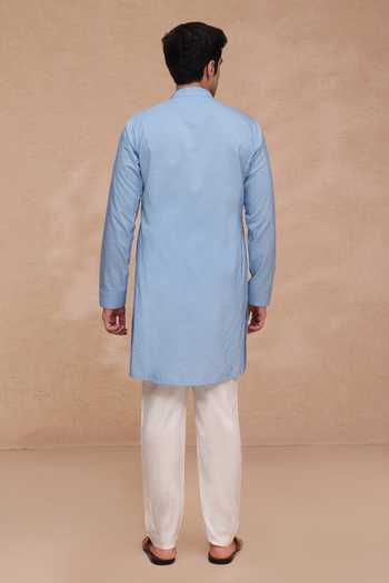Shop Manish Nagdeo Blue Silk, Cotton Embroidered Nehru Jacket And Kurta Set Online at Aza Fashions Shop_Manish Nagdeo_Blue Silk, Cotton Embroidered Nehru Jacket And Kurta Set _Online_at_Aza_Fashions