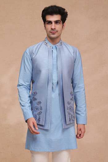 Manish Nagdeo Blue Silk, Cotton Embroidered Nehru Jacket And Kurta Set at Aza Fashions Manish Nagdeo_Blue Silk, Cotton Embroidered Nehru Jacket And Kurta Set _at_Aza_Fashions