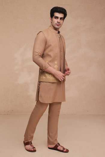 Manish Nagdeo Brown Silk Printed Nehru Jacket And Kurta Set Online at Aza Fashions Manish Nagdeo_Brown Silk Printed Nehru Jacket And Kurta Set _Online_at_Aza_Fashions