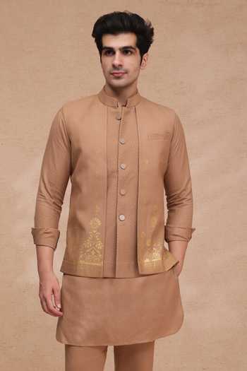 Manish Nagdeo Brown Silk Printed Nehru Jacket And Kurta Set at Aza Fashions Manish Nagdeo_Brown Silk Printed Nehru Jacket And Kurta Set _at_Aza_Fashions