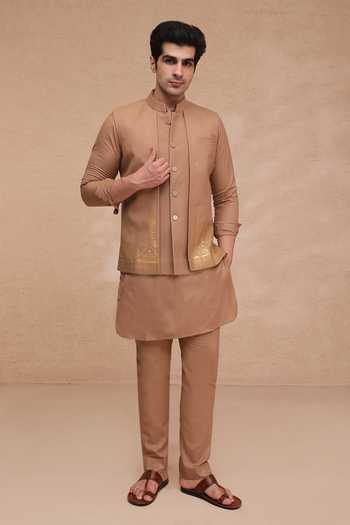 Buy Manish Nagdeo Brown Silk Printed Nehru Jacket And Kurta Set Buy_Manish Nagdeo_Brown Silk Printed Nehru Jacket And Kurta Set
