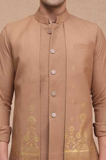 Shop_Manish Nagdeo_Brown Silk Printed Nehru Jacket And Kurta Set 