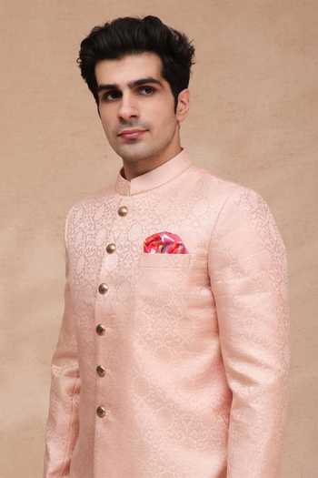 Buy Manish Nagdeo Rose Gold Brocade, Rayon, Terrycloth Banarasi Sherwani Set Online at Aza Fashions Buy_Manish Nagdeo_Rose Gold Brocade, Rayon, Terrycloth Banarasi Sherwani Set _Online_at_Aza_Fashions