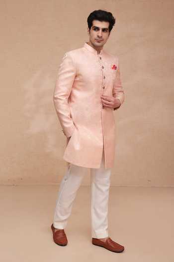 Shop Manish Nagdeo Rose Gold Brocade, Rayon, Terrycloth Banarasi Sherwani Set Online at Aza Fashions Shop_Manish Nagdeo_Rose Gold Brocade, Rayon, Terrycloth Banarasi Sherwani Set _Online_at_Aza_Fashions