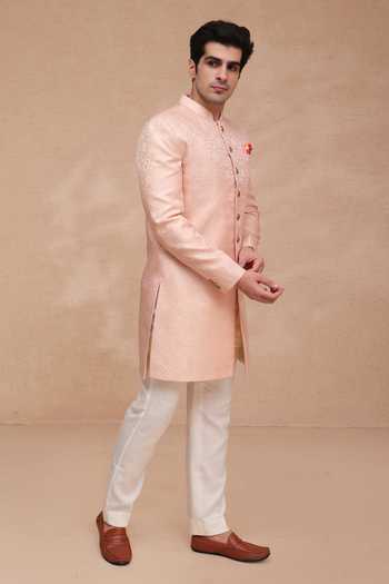 Manish Nagdeo_Rose Gold Brocade, Rayon, Terrycloth Banarasi Sherwani Set _at_Aza_Fashions