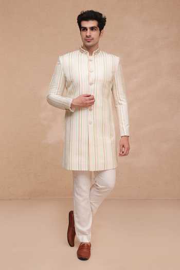 Manish Nagdeo_Cream Silk, Cotton Sherwani Jacket Set _Online_at_Aza_Fashions
