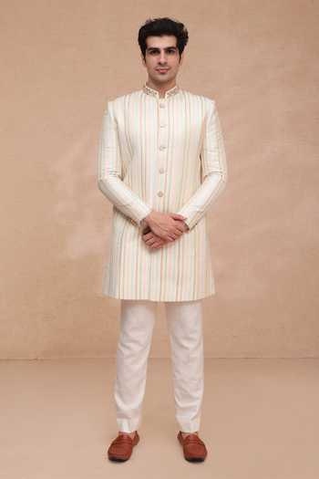 Buy_Manish Nagdeo_Cream Silk, Cotton Sherwani Jacket Set _Online_at_Aza_Fashions