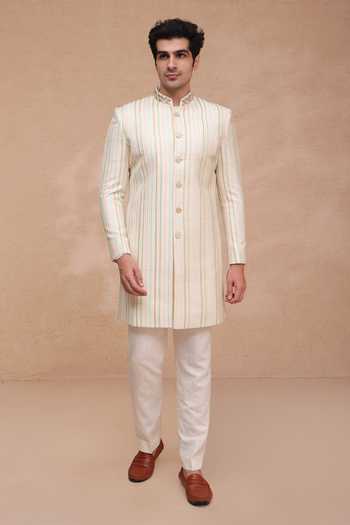 Shop_Manish Nagdeo_Cream Silk, Cotton Sherwani Jacket Set _Online_at_Aza_Fashions