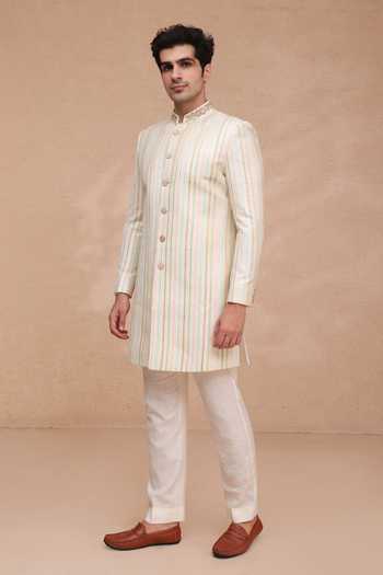 Manish Nagdeo_Cream Silk, Cotton Sherwani Jacket Set _at_Aza_Fashions