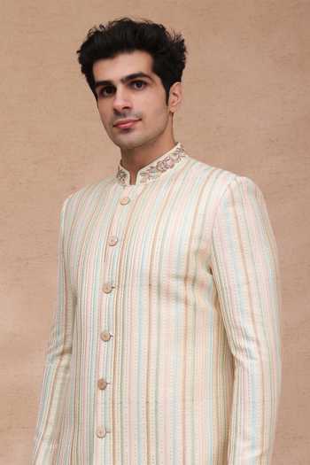 Buy_Manish Nagdeo_Cream Silk, Cotton Sherwani Jacket Set 