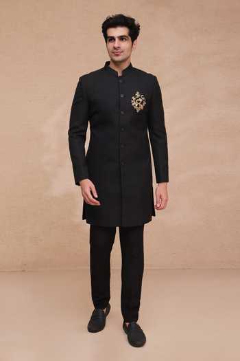 Manish Nagdeo_Black Silk Placement Embroidered Sherwani Set _Online_at_Aza_Fashions