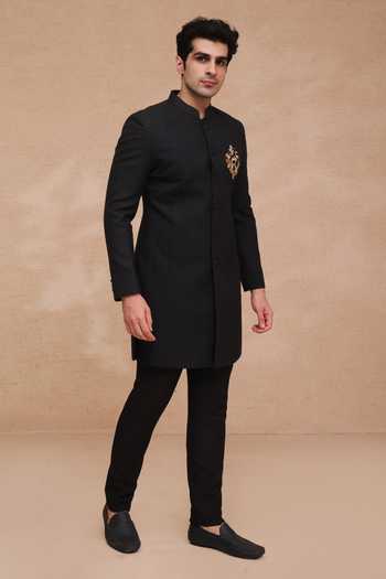 Buy Manish Nagdeo Black Silk Placement Embroidered Sherwani Set Online at Aza Fashions Buy_Manish Nagdeo_Black Silk Placement Embroidered Sherwani Set _Online_at_Aza_Fashions