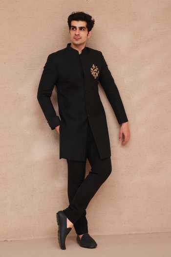 Shop Manish Nagdeo Black Silk Placement Embroidered Sherwani Set Online at Aza Fashions Shop_Manish Nagdeo_Black Silk Placement Embroidered Sherwani Set _Online_at_Aza_Fashions
