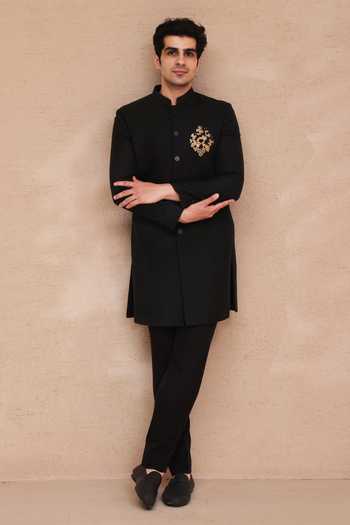 Manish Nagdeo Black Silk Placement Embroidered Sherwani Set at Aza Fashions Manish Nagdeo_Black Silk Placement Embroidered Sherwani Set _at_Aza_Fashions
