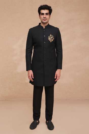 Buy Manish Nagdeo Black Silk Placement Embroidered Sherwani Set Buy_Manish Nagdeo_Black Silk Placement Embroidered Sherwani Set