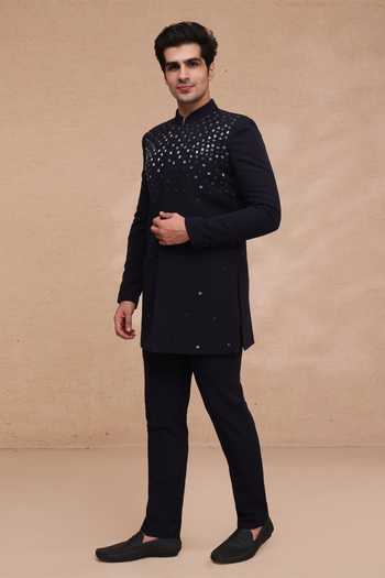 Manish Nagdeo Blue Viscose Embroidery, Mirrors Hand Bandhgala And Pant Set Online at Aza Fashions Manish Nagdeo_Blue Viscose Embroidery, Mirrors Hand Bandhgala And Pant Set _Online_at_Aza_Fashions